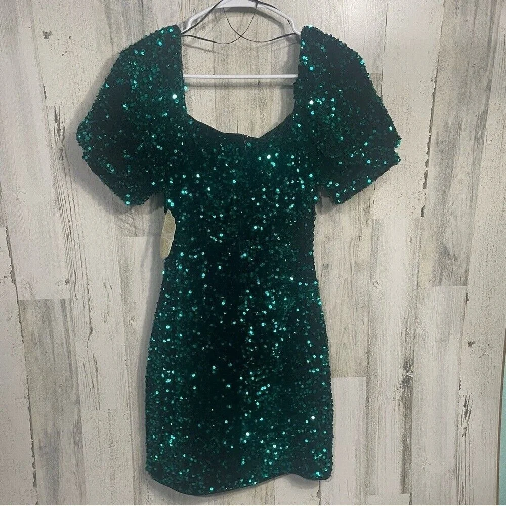 Altard State Candice Sequin Puff Sleeve Dress Green Hunter Black sz‎ M NWT Party